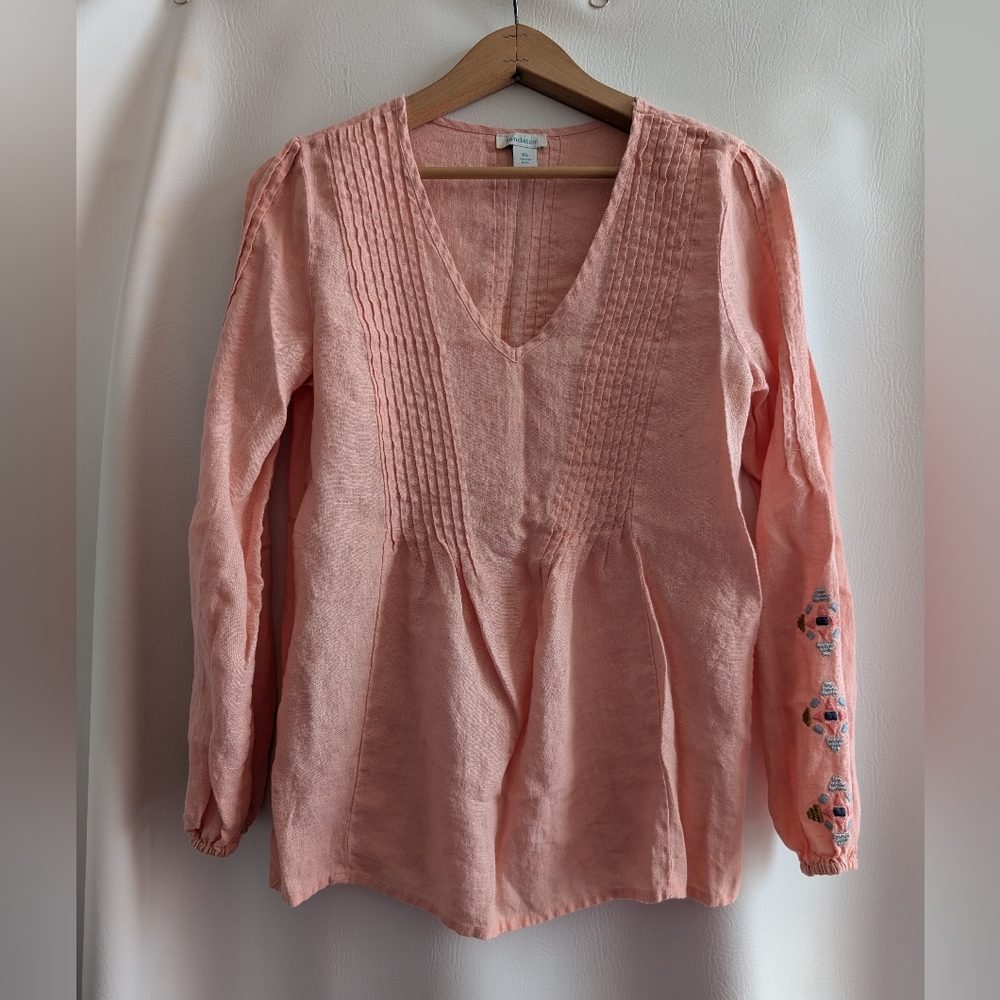 Sundance Linen Peach Pintuck Bodice  Embroidered Sleeves Pullover Top - XS